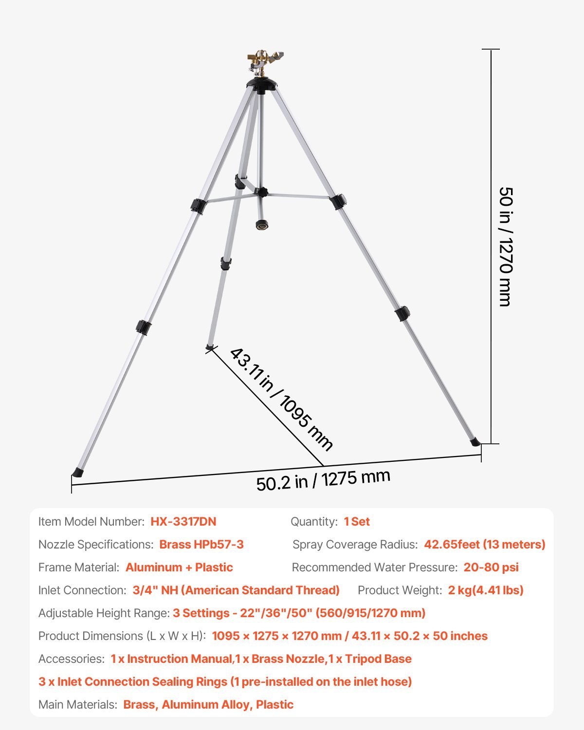 Impact Sprinkler On Tripod Base, Heavy Duty Tripod Sprinklers With Brass Head 3 4 Connector, 360 Degree Large Area Coverage Irrigation Sprinkler, Adjustable Heights Sprinkler For Yard Gray
