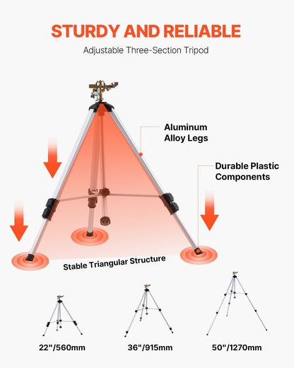 Impact Sprinkler On Tripod Base, Heavy Duty Tripod Sprinklers With Brass Head  3 4 Connector, 360 Degree Large Area Coverage Irrigation Sprinkler, Adjustable Heights Sprinkler For Yard Gray