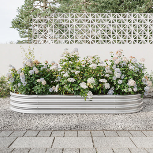 Raised Garden Bed Outdoor, Oval Large Metal Raised Planter Bed For For Plants, Vegetables, And Flowers - Silver